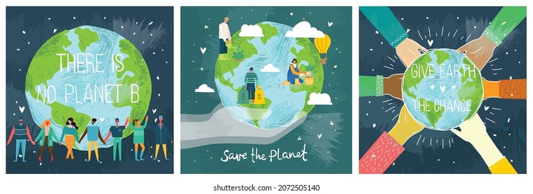 People Characters trying to Save Planet Earth. Global Warming and Climate Change Concept.