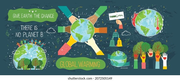 People Characters trying to Save Planet Earth. Global Warming and Climate Change Concept backgound poster