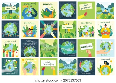 People Characters trying to Save Planet Earth. Global Warming and Climate Change Concept.
