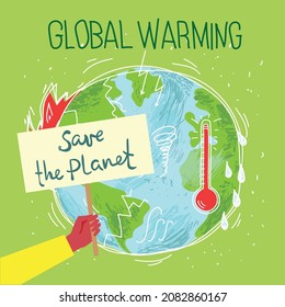 People Characters trying to Save Planet Earth. Global Warming and Climate Change Concept.
