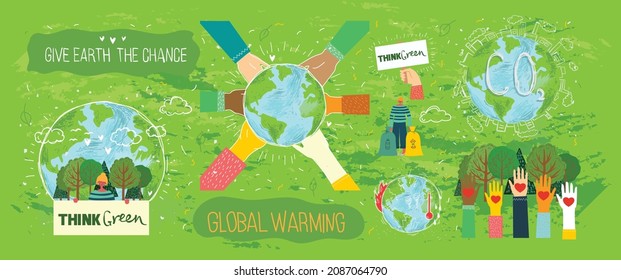 People Characters trying to Save Planet Earth. Global Warming and Climate Change Concept.