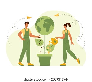 People characters trying to save planet earth. Group of environmentalists. Flat vector illustration world environmental day, nature protection, nature saving concept. Eco friendly lifestyle