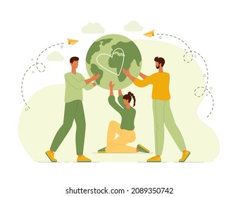 People characters trying to save planet earth. Group of environmentalists. Flat vector illustration world environmental day, nature protection, nature saving concept. Eco friendly lifestyle