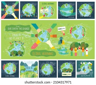 People Characters trying to Save Planet Earth. Global Warming and Climate Change Concept.