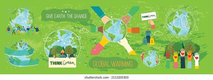 Personajes tratando de salvar el planeta Tierra. El calentamiento global y el concepto de cambio climático.