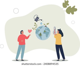 People Characters trying to Save Planet Earth.Woman and Man Planting and Watering Trees, Measuring Planet Temperature.flat vector illustration.