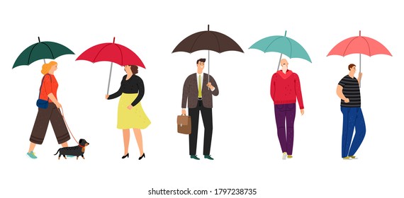 People characters with umbrella. Man woman under umbrellas, autumn time. Rainy day, person walking vector illustration