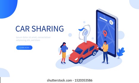 
People Characters Using Car Sharing Service For City Transportation. Man And Woman Picking Up Carsharing Vehicle. Modern Auto Rental And Shared Mobility Concept.  Flat Cartoon Vector Illustration.