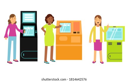 People Characters Using Electronic Self Service Terminals and ATM Machine Vector Illustration Set