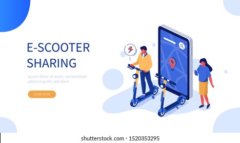 People Characters Using E-Scooter Sharing for City Travel. Man and Woman Picking up Electric Scooter. Eco Friendly  and Shared Mobility Vehicle Concept. Flat Cartoon Vector Illustration.