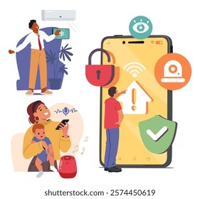 People characters using mobile phone with AI voice assistant, wi-fi technology and iot equipment to control smart home features and house appliance isolated cartoon scene vector illustration set