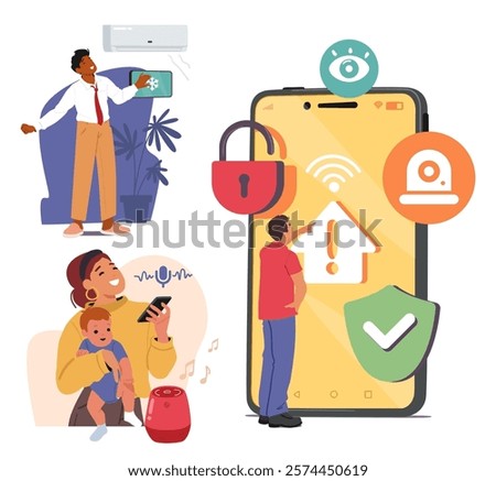 People characters using mobile phone with AI voice assistant, wi-fi technology and iot equipment to control smart home features and house appliance isolated cartoon scene vector illustration set