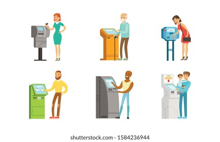 People Characters Using Payment Terminal Vector Illustrations Set