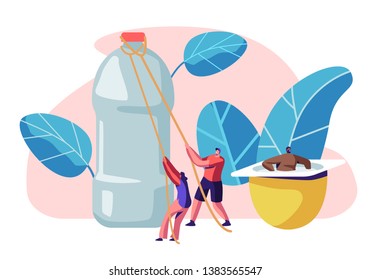 People Characters Using Plastic Things. Opening Water Bottle, Drinking Beverage Cup, Carrying Shaving Machine, Sitting in Yogurt Container, Human Products Consuming. Cartoon Flat Vector Illustration