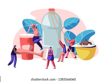 People Characters Using Plastic Things. Opening Water Bottle, Drinking Beverage Cup, Carrying Shaving Machine, Sitting in Yogurt Container, Human Products Consuming. Cartoon Flat Vector Illustration