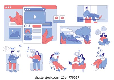 Personajes usando medios sociales con conjunto de vectores de gadgets para móviles