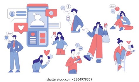 Personajes usando medios sociales con conjunto de vectores de gadgets para móviles