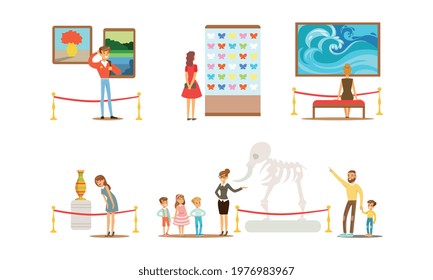 People Characters Visiting Museum and Art Gallery Vector Illustration Set