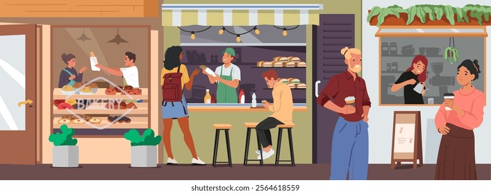 People characters visiting street bakery, coffee shop, bistro canteen vector illustration cartoon scene. Small business building facade exterior, vendors selling and customers buying products