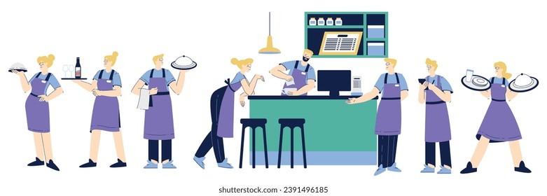 People Characters Waiter and Bartender as Restaurant Staff in Apron Vector Illustration