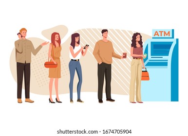 People characters waiting ATM line. Vector flat graphic design illustration