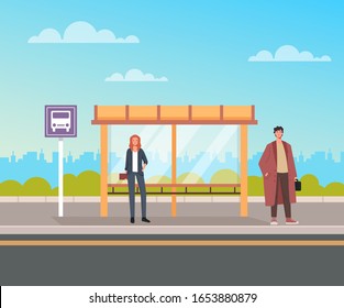 People characters waiting for bus on bus station. Vector flat graphic cartoon design illustration