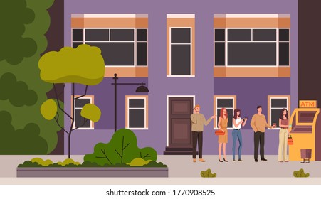 People characters waiting in line ATM city town street. Vector flat graphic design illustration