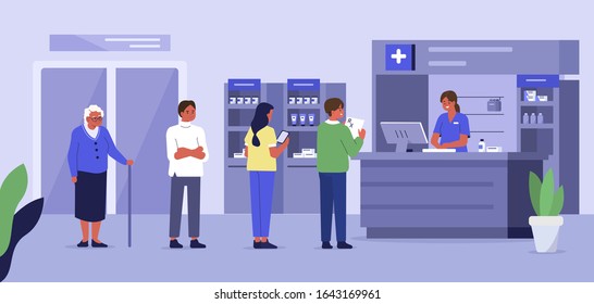 People Characters Waiting in Queue at Drugstore. Medical Staff Working in Pharmaceutical Industry. Doctor Pharmacist Consulting Patient in Pharmacy Store.  Flat Cartoon Vector Illustration. 