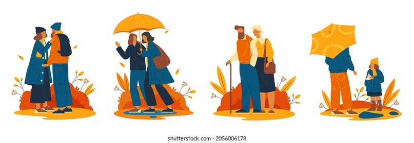 People or characters walk outdoors, icons set