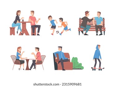 People Characters Walking in the Park Sitting on Bench and at Cafe Table Vector Set
