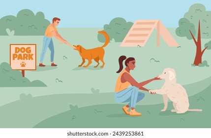 People characters walking and playing with dogs in park. Happy pet owners in dog park. Flat vector illustration.
