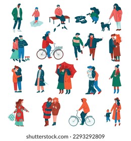 People Characters Walking in Spring Park Enjoying Warm Season Vector Set