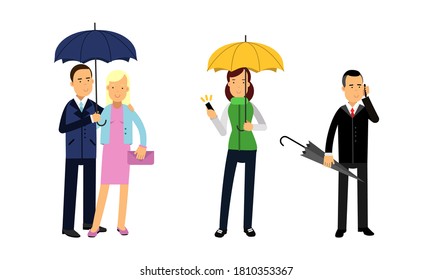 People Characters Walking with Umbrellas Vector Illustration Set