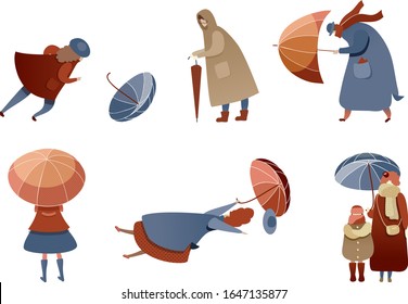 People Characters Walking in Windy Rainy Day with Umbrellas and Trying to Fight with Strong Wind Vector Illustrations Set