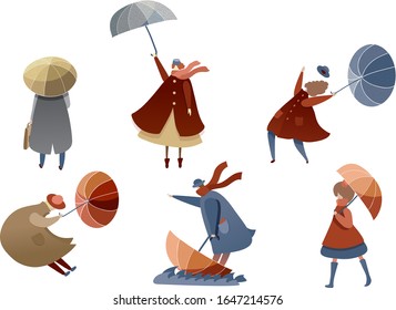 People Characters Walking In Windy Rainy Day With Umbrellas And Trying To Fight With Strong Wind Vector Illustrations Set