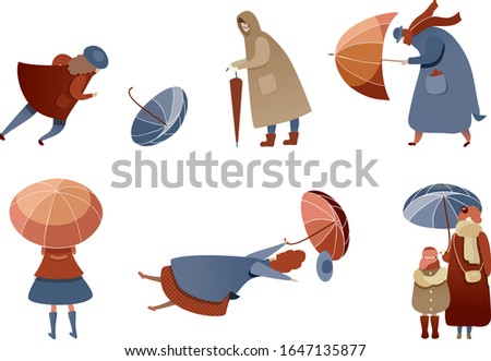 People Characters Walking in Windy Rainy Day with Umbrellas and Trying to Fight with Strong Wind Vector Illustrations Set
