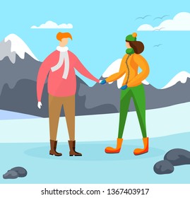 People Characters in Warm Clothing on Winter Season Mountains Background, Outdoor Activities. Man and Woman Walking and Having Fun Together. Family Couple Holidays. Cartoon Flat Vector Illustration