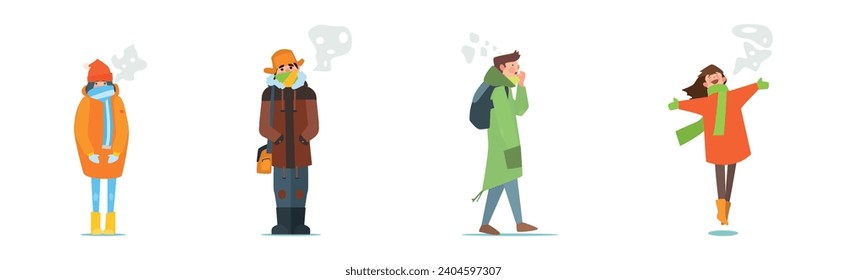 People Characters in Warm Winter Clothes Walking Outdoor in Cold Season Vector Set