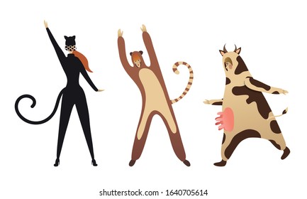 People Characters Wearing Animal Costumes Vector Illustrations Set