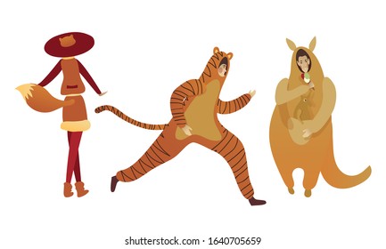 People Characters Wearing Animal Costumes Vector Illustrations Set