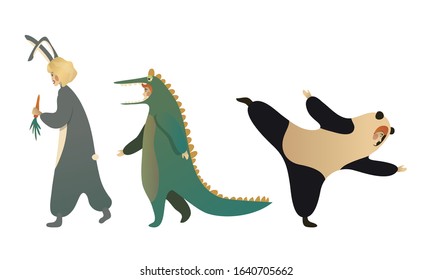 People Characters Wearing Animal Costumes Vector Illustrations Set