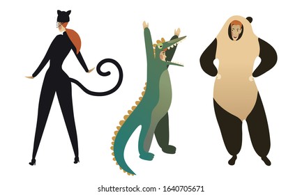 People Characters Wearing Animal Costumes Vector Illustrations Set