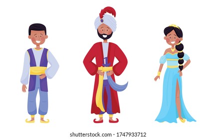 People Characters Wearing Arabic Clothing with Woman in East Apparel and Young Sheik with Mandil on His Head Vector Set