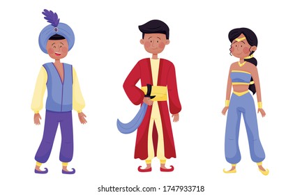 People Characters Wearing Arabic Clothing with Woman in East Apparel and Young Sheik with Mandil on His Head Vector Set