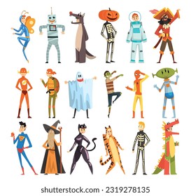 People Characters Wearing Carnival or Masquerade Fancy Dress and Costumes Vector Illustration Set