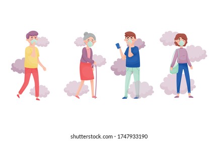 People Characters Wearing Face Mask or Respiratory Mask Walking Among Smoke Cloud Vector Illustrations Set