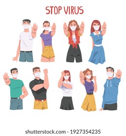 People Characters Wearing Face Mask Showing Stop Virus Sign with Their Hands Vector Illustration Set