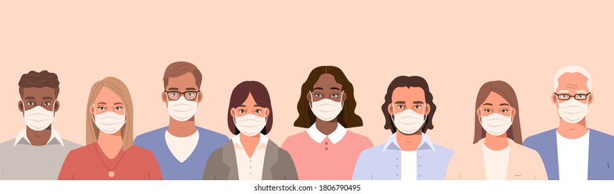 People Characters wearing Facial Medical Masks for Protection and to Prevent Virus Spreading. Men and Women Protecting from Epidemic. Pandemic Concept. Flat Cartoon Vector Illustration.