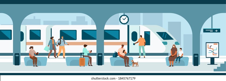 People Characters wearing Facial Medical Masks standing and sitting on Railroad Station. Passengers waiting a Train. Social Distancing in Public Transport Concept. Flat Cartoon Vector Illustration.