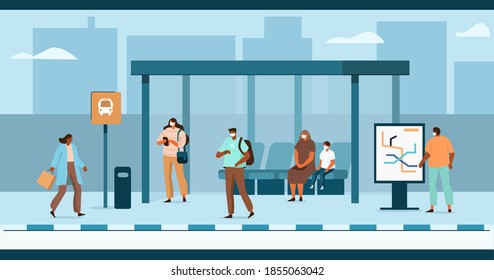 People Characters wearing Facial Medical Masks Waiting for Transport at Bus Station. Woman and Man Passengers Standing at Bus Stop. Public Transportation Concept. Flat Cartoon Vector Illustration.